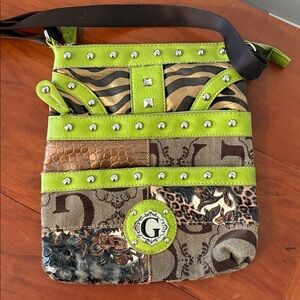 Guess crossbody patchwork green brown purse